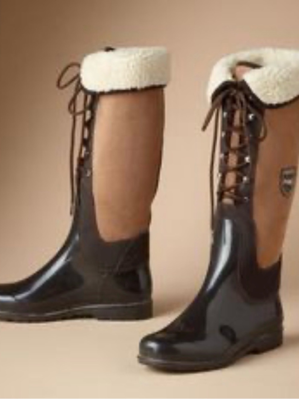 Pajar Cressy Gloss Lace Up Rain Boots with Brown Suede Cream Faux Shearling Trim